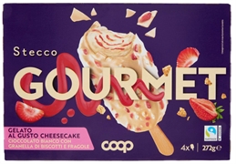 COOP STECCO GOURMET - GELATO AL GUSTO CHEESECAKE CIOCCOLATO BIANCO CON GRANELLA DI BISCOTTI E FRAGOLA