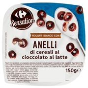 CARREFOUR SENSATION YOGURT BIANCO DOLCE CON ANELLI DI CEREALI AL CIOCCOLATO AL LATTE